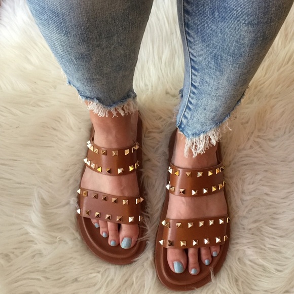 Shoes - Cognac Double Strap Spiked Footbed Sandals